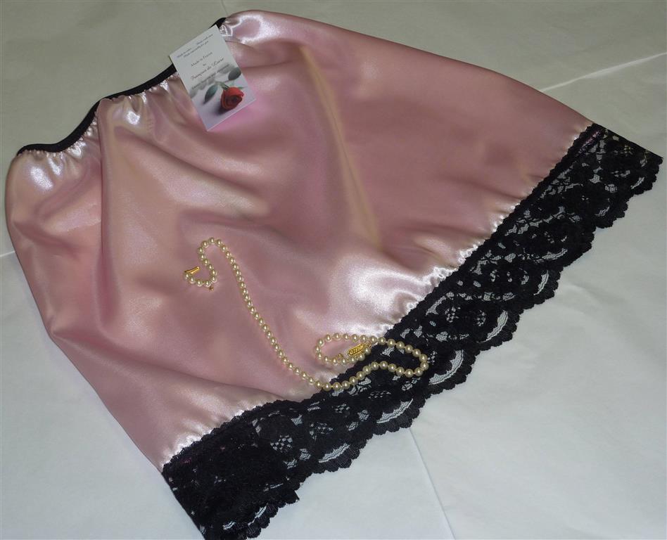 Pale pink satin and black lace half slip